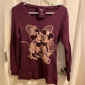Disney Parks L Top Juniors Burgundy Large Thermal Shirt Mickey Minnie Mouse Lg
